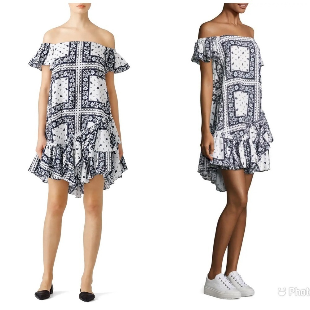 Cinq A‎ Sept Minella Floral Paisley Off the Shoulder Mini Blue White Dress Sz 2